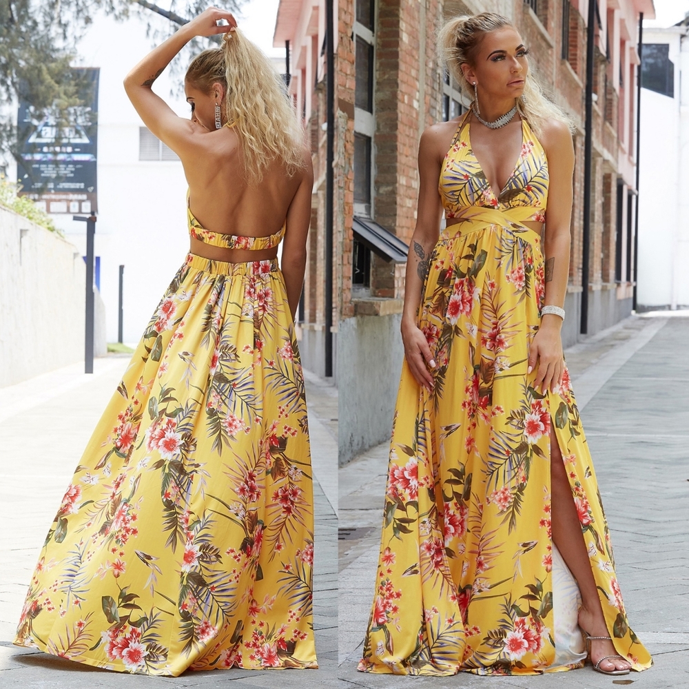 Harmony In Nature Yellow Floral Halter Maxi Dress - Picture 2 of 10